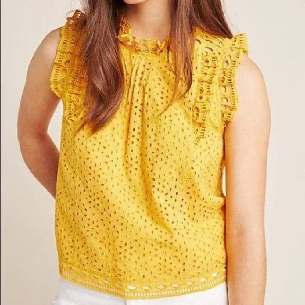 Anthropologie Maeve Tilly Yellow Eyelet Ruffle Sleeveless Blouse Top Sz 4